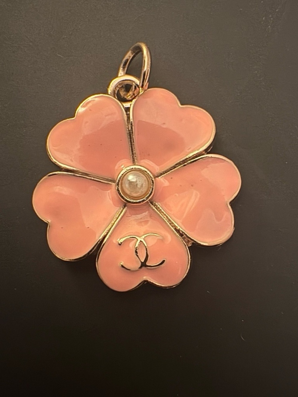 CHANEL Pink Camellia Flower Charm Pendant CC Logo Pearl Center Gold Tone